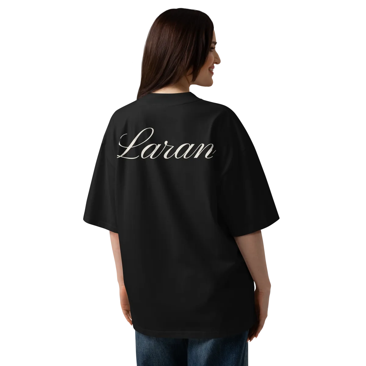 Retro della t-shirt Lancia con scritta Laran in corsivo